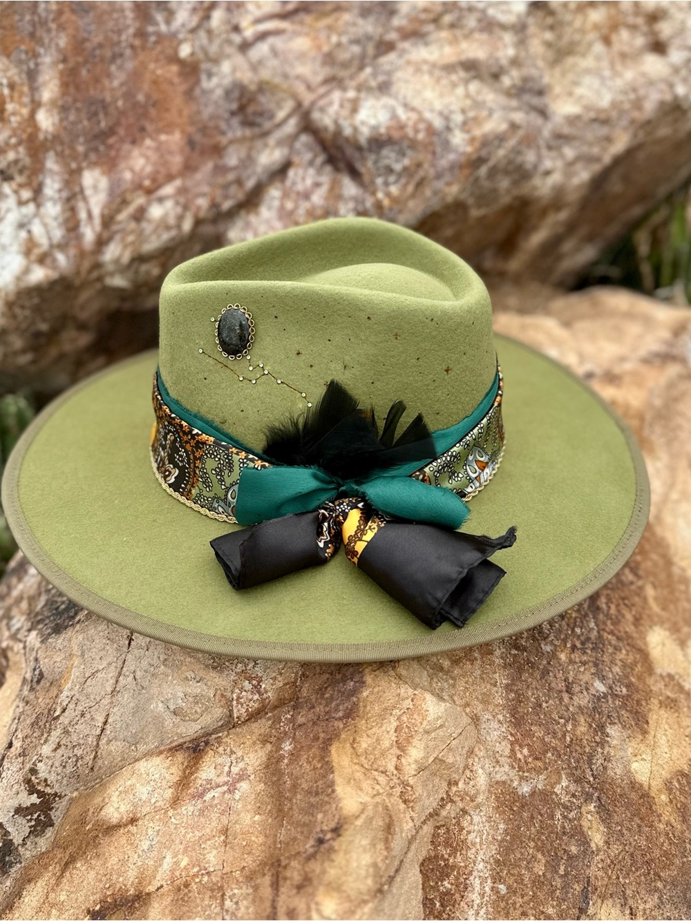 Women's Green Wool Western Cowboy Hat Celestial Western Design